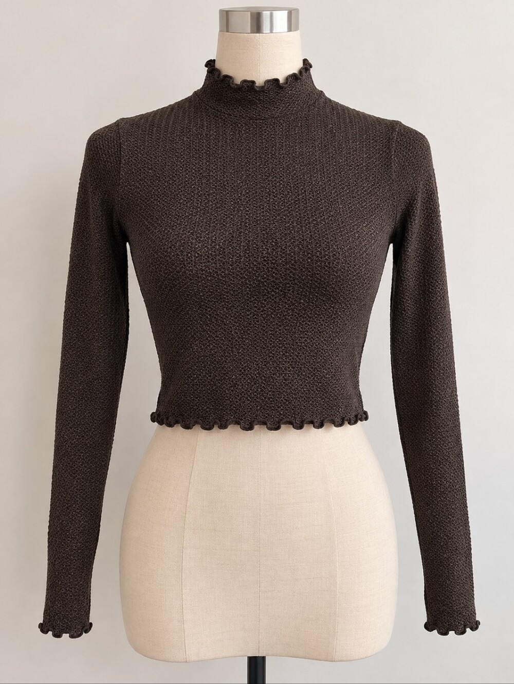 Garage Mock Neck Lettuce Edge Textured Cropped Long Sleeve Top Brown Size S